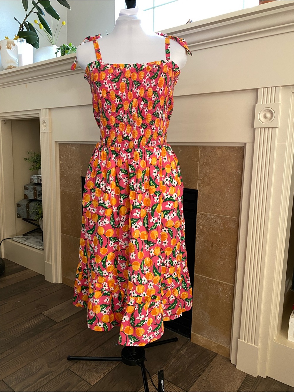Draper James Orange Blossom Print Smocked Tie-Shoulder Midi Dress